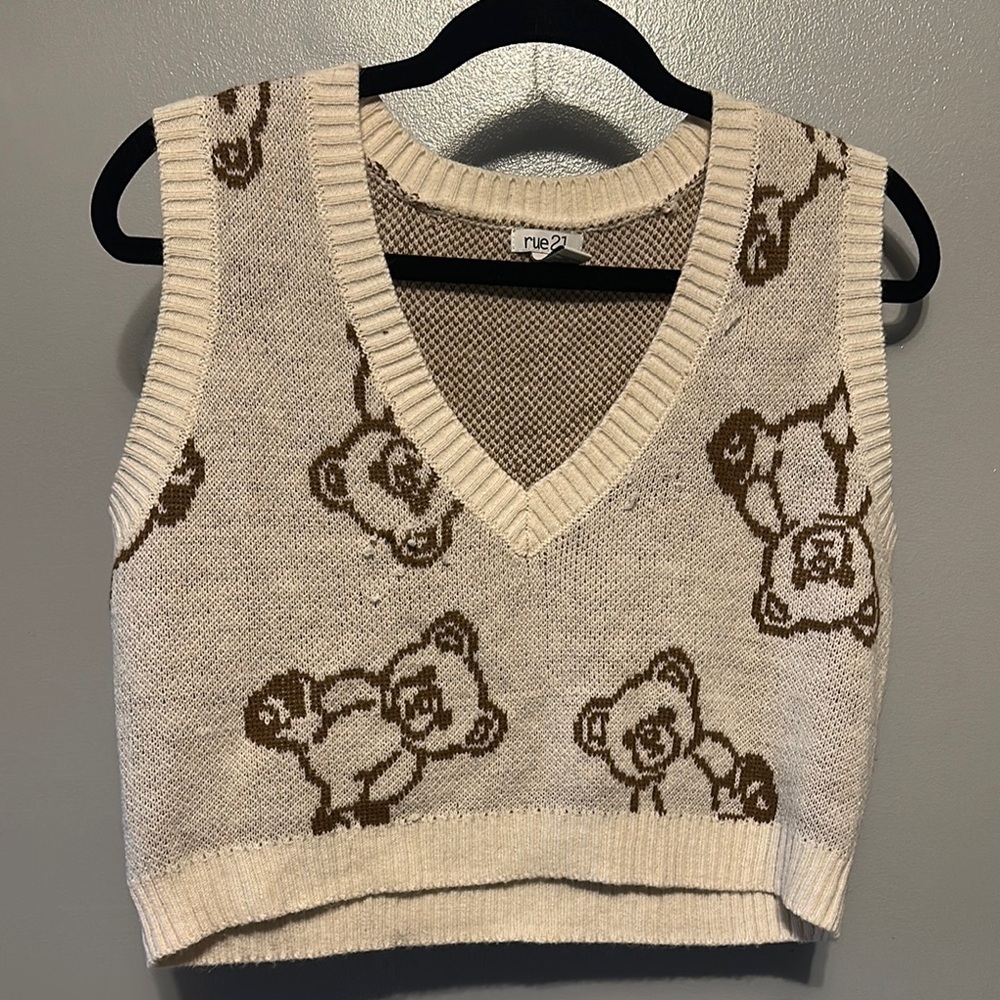 Rue21 Cream and Brown Knit Teddy Bear Vest